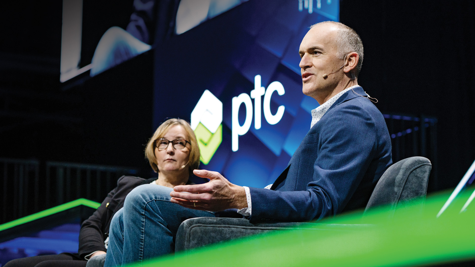 PTC’s Vice President of Sustainability Dave Duncan (right) speaking in May 2023 at LiveWorx, PTC’s annual tech event focused on digital transformation.
